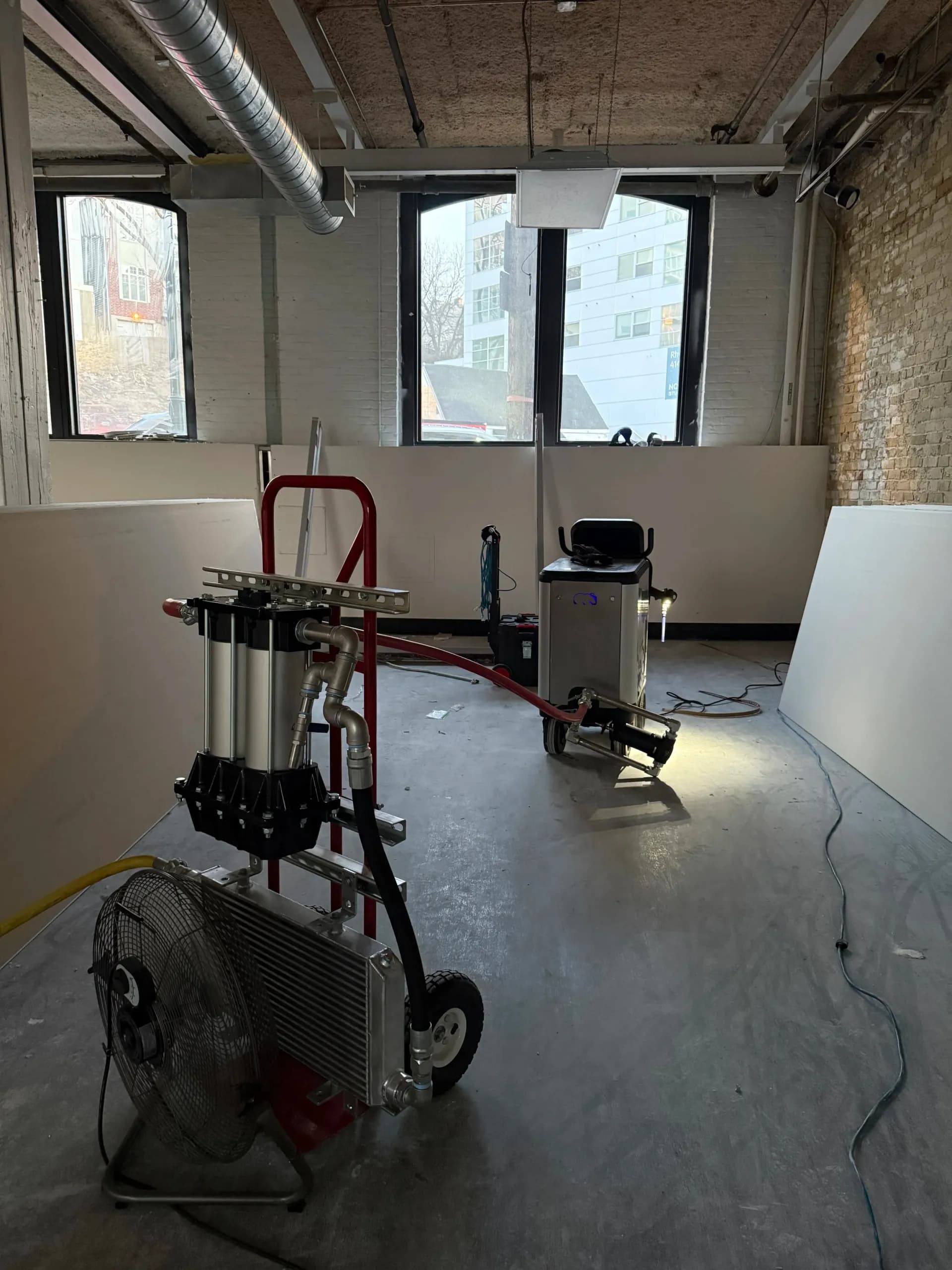 CryoBlast Technologies dry ice blasting equipment setup at job site in Milwaukee Wisconsin